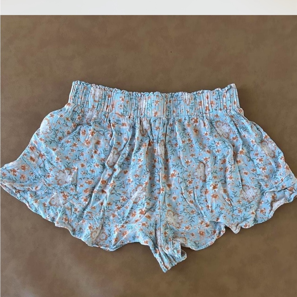 Pink Rose High Waist Floral Blue Shorts